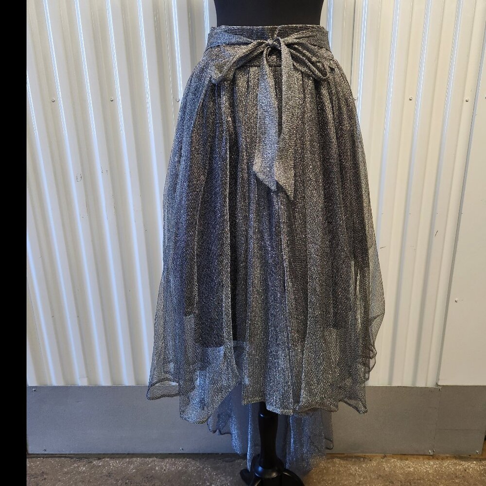 Gracia Women's Silver Mesh Hi-Lo Skirt w/ Attached Matching Belt